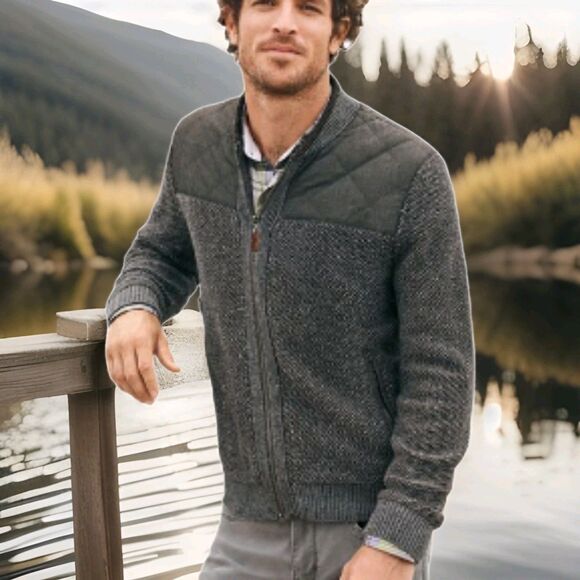 Tommy Bahama Cordillero Bomber Jacket Wool Blend Knit Gray/Blk Men's M - Picture 1 of 15